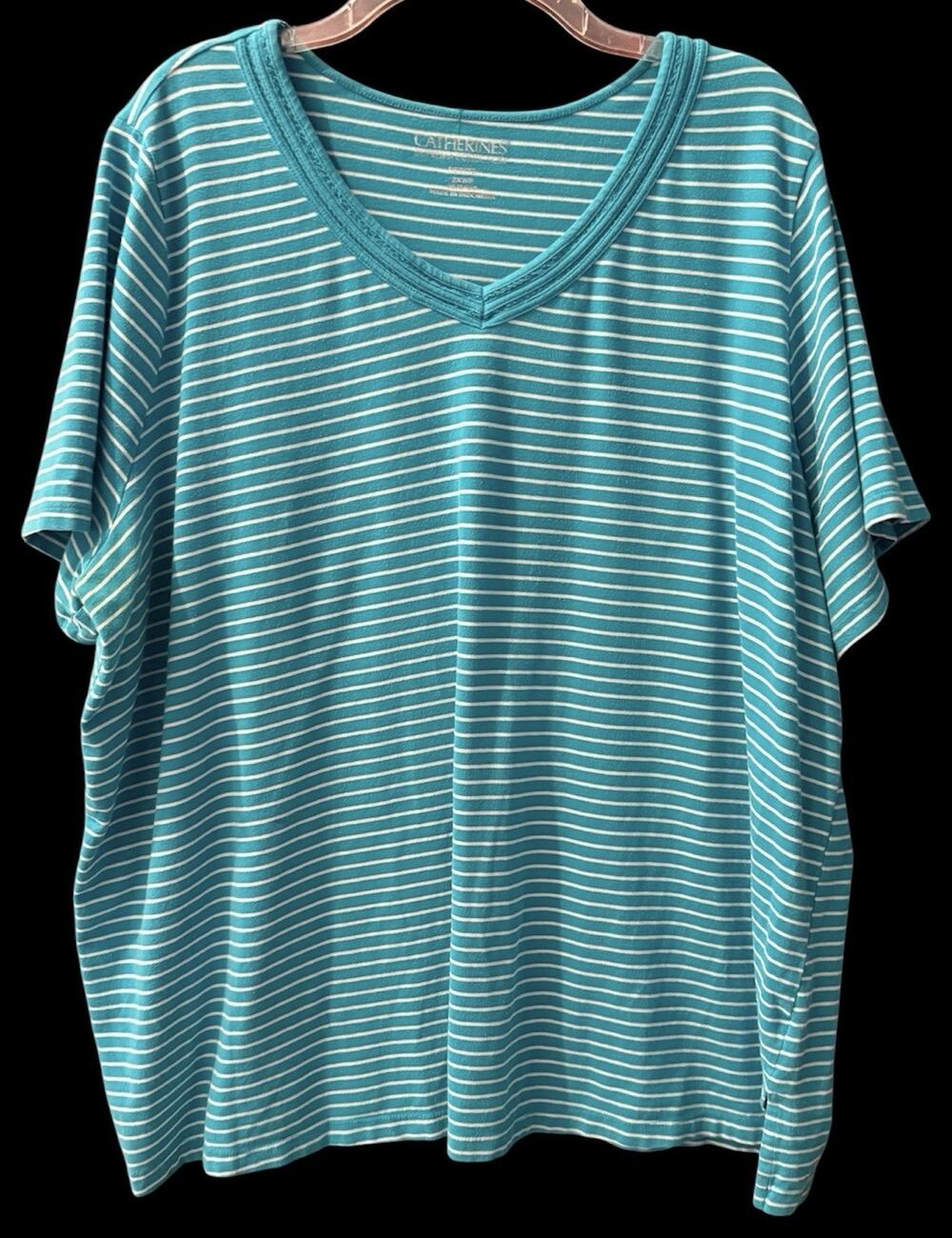 Catherines Suprema Collection Teal Striped Pullover Tee Crochet Neck Size 2XWP